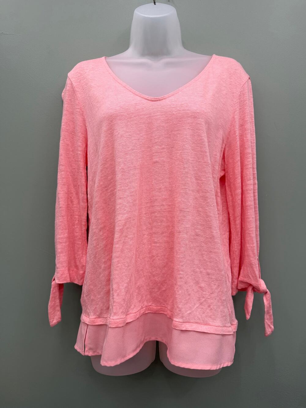 Sanctuary Large Pink 100% Linen Tunic Top Tie Sleeve Layered Hem